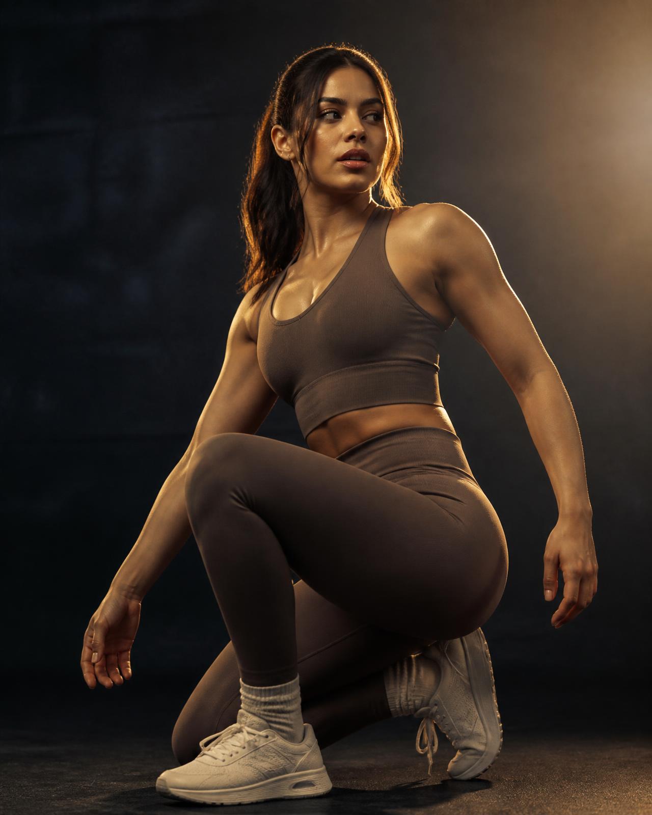 Mulher em conjunto fitness Lot na cor marrom café